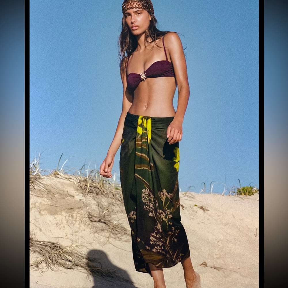 NWT The Zara Floral Printed Knotted Pareo Sarong Swim Coverup Skirt  S